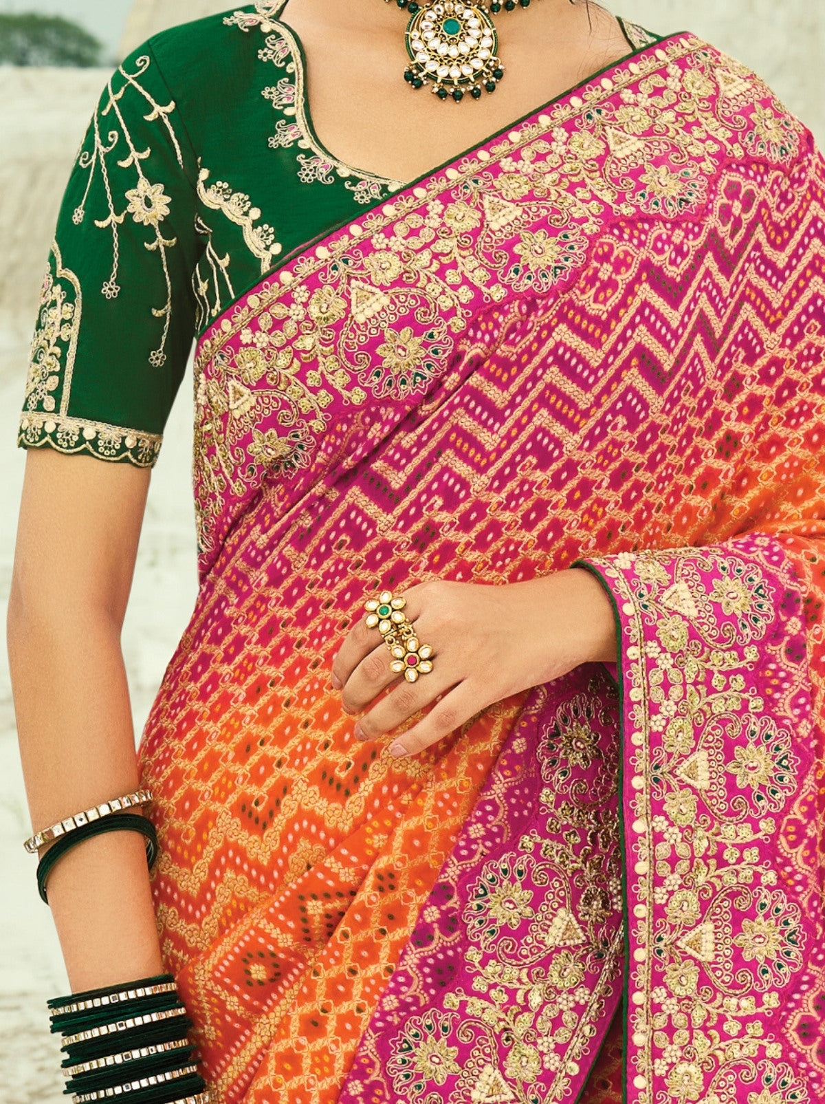 Orange-Pink Exclusive Georgette Wedding Saree With Bandhej Work