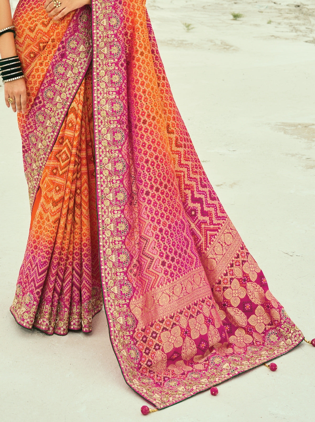 Orange-Pink Exclusive Georgette Wedding Saree With Bandhej Work