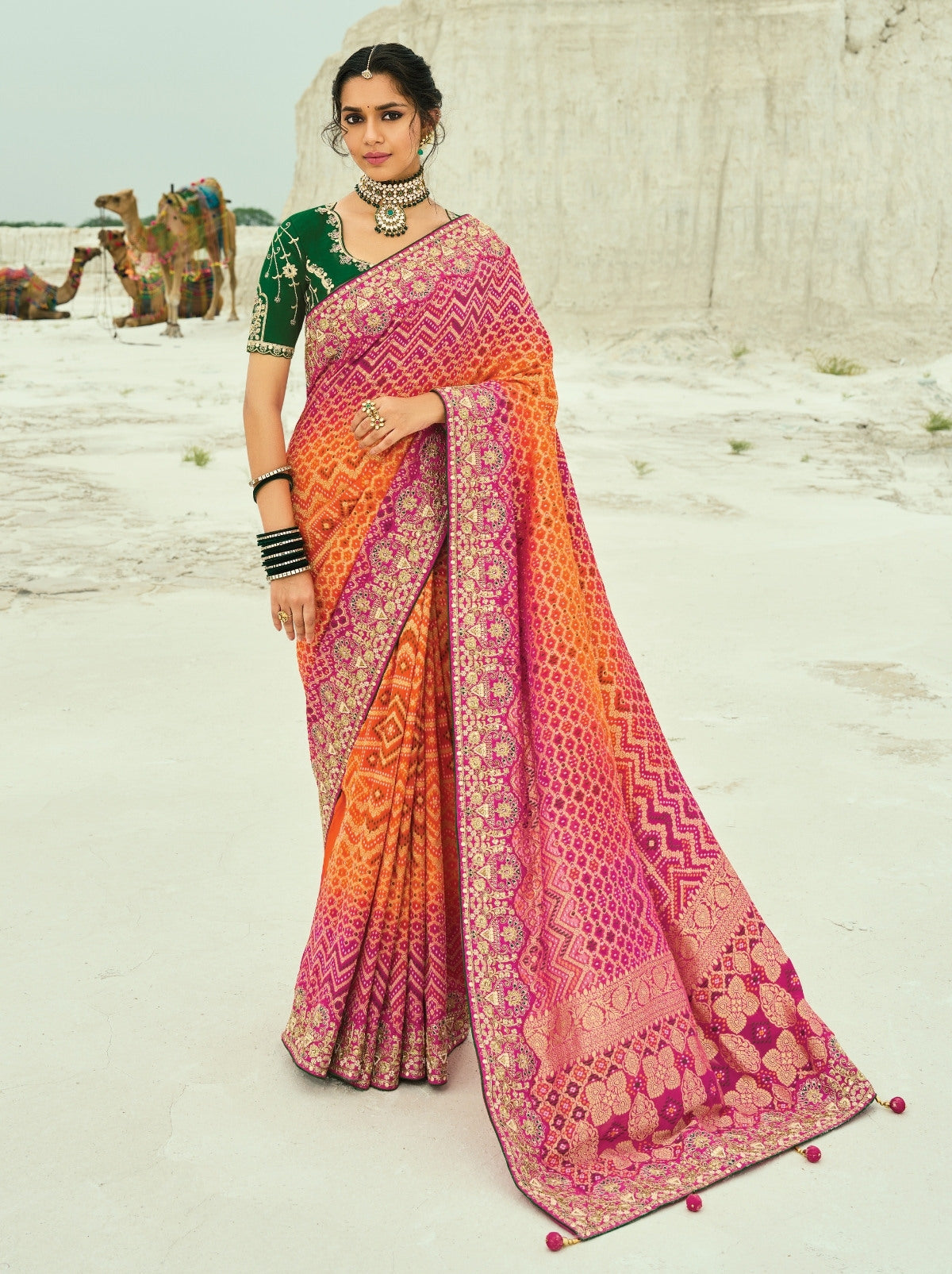 Orange-Pink Exclusive Georgette Wedding Saree With Bandhej Work