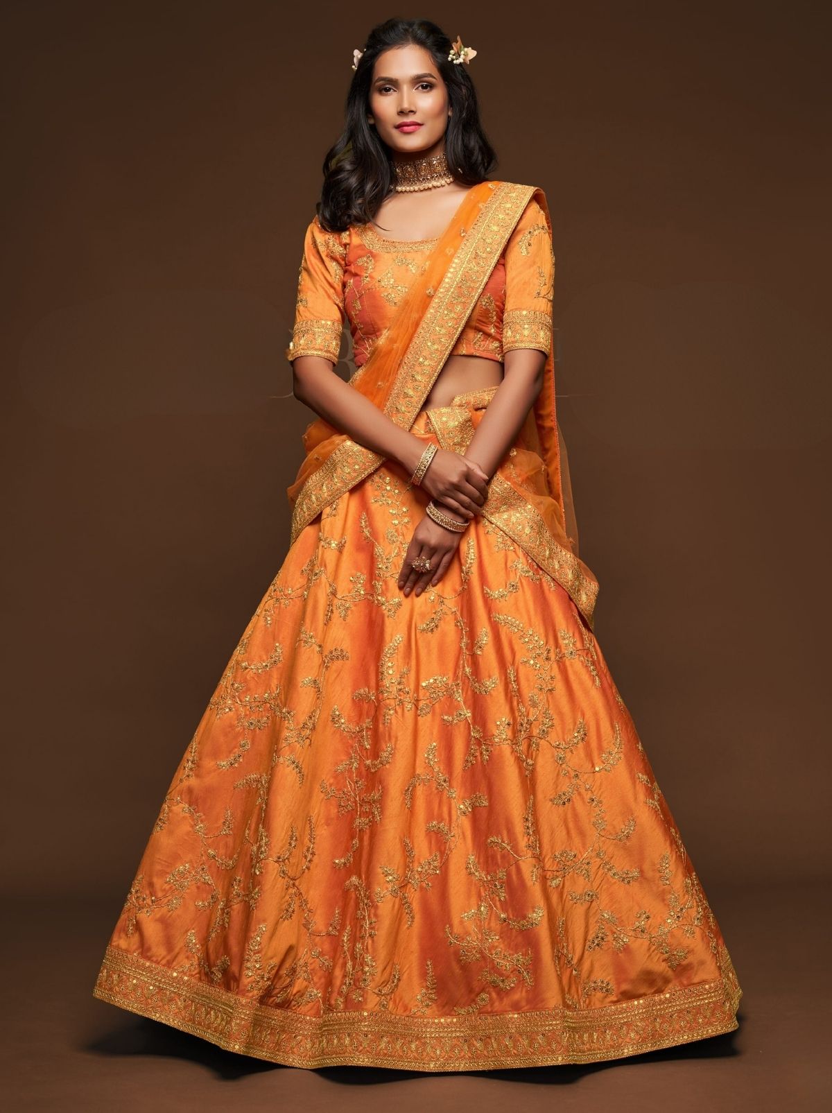 Saffron Orange Premium Celebration Lehenga Set With Sequin & Zari Work