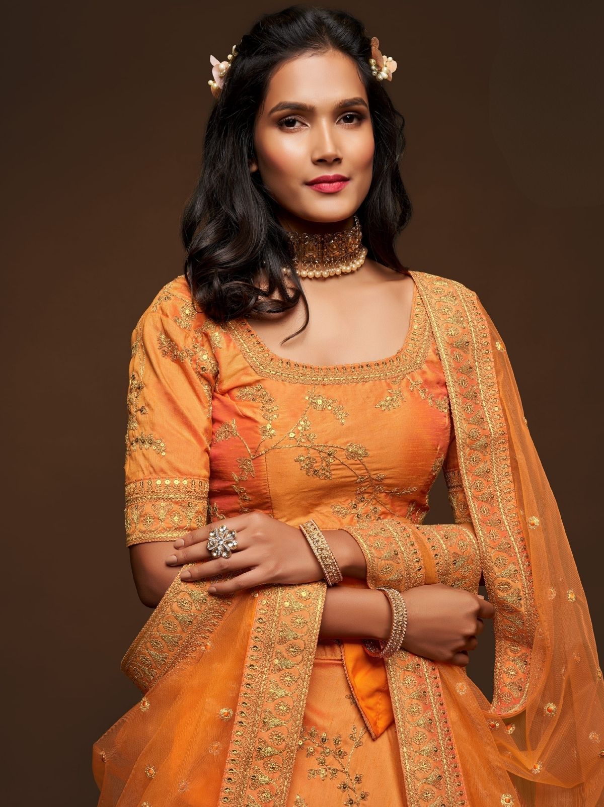 Saffron Orange Premium Celebration Lehenga Set With Sequin & Zari Work