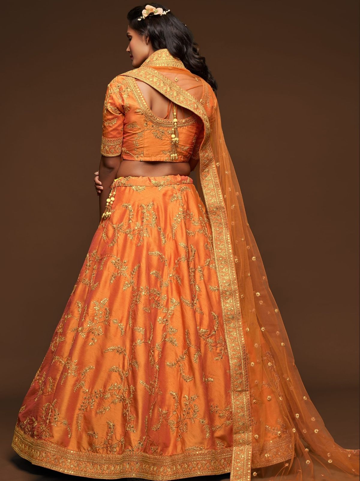 Saffron Orange Premium Celebration Lehenga Set With Sequin & Zari Work