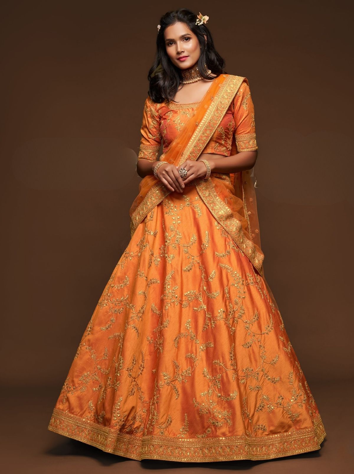 Saffron Orange Premium Celebration Lehenga Set With Sequin & Zari Work