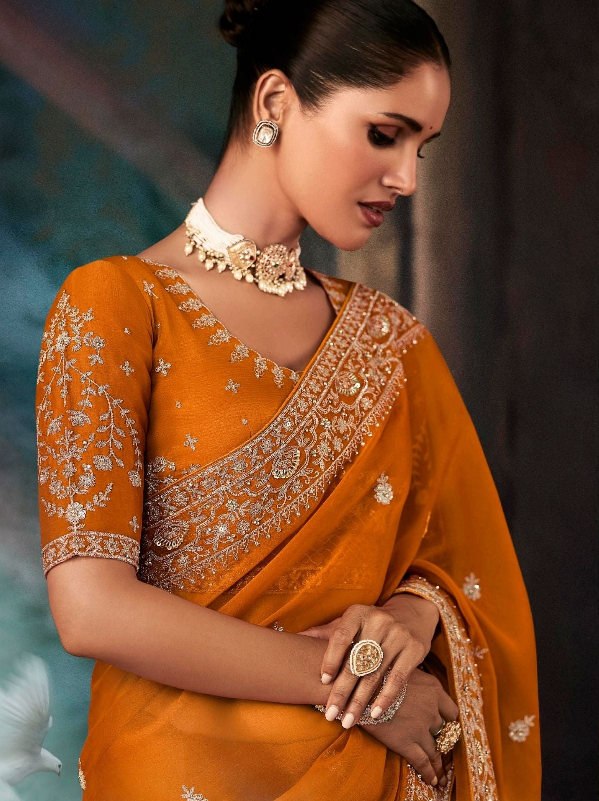 Apricot Orange Premium Fancy Silk Saree With Tassels
