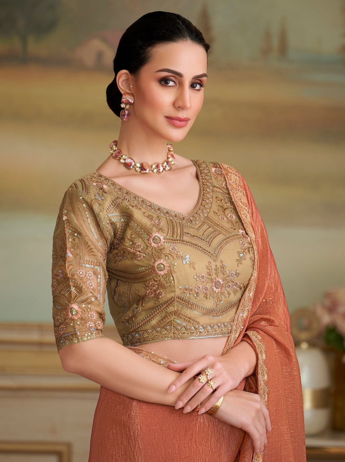 Peach Orange Premium Georgette Silk Saree For Wedding & Parties