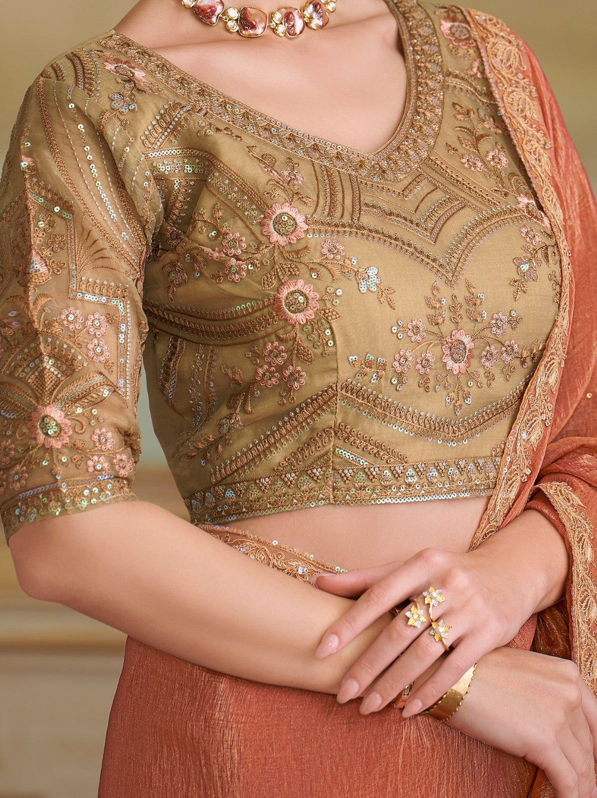 Peach Orange Premium Georgette Silk Saree For Wedding & Parties