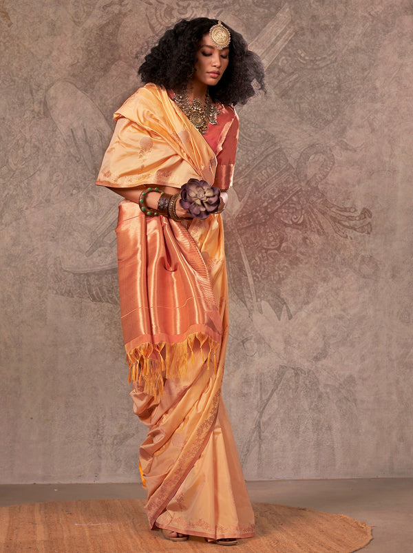 Pastel Orange Designer Two Tone Handloom Silk Saree With Zari Work