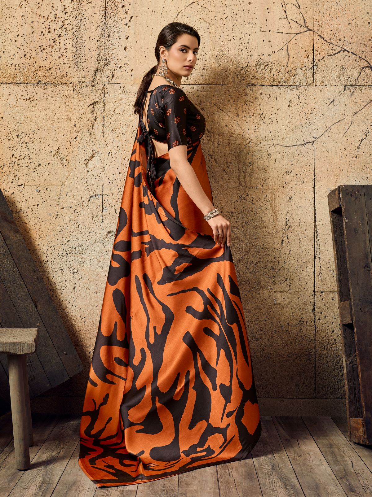 Rust Orange Premium Modal Satin Silk Saree With Blouse Piece