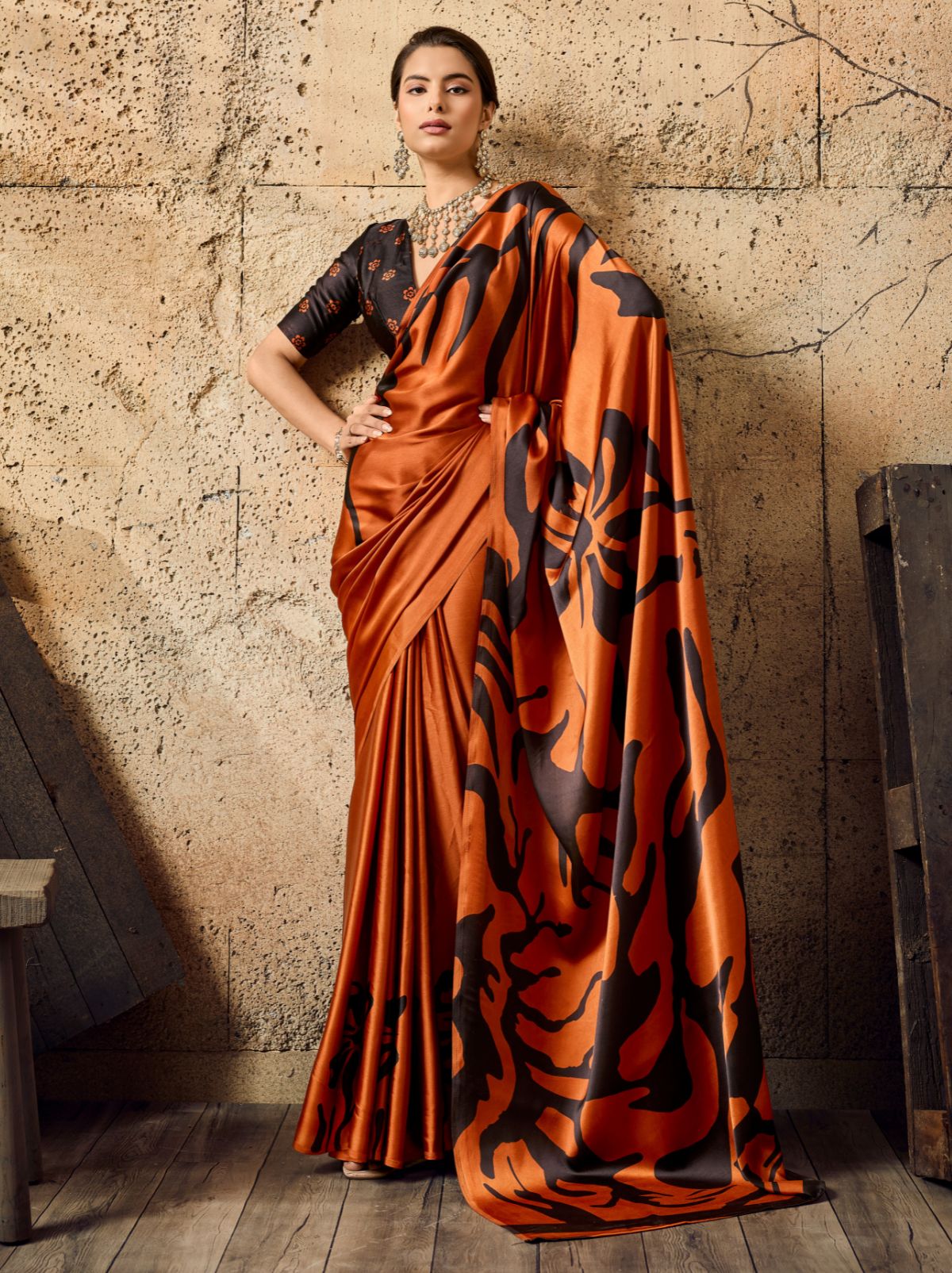 Rust Orange Premium Modal Satin Silk Saree With Blouse Piece