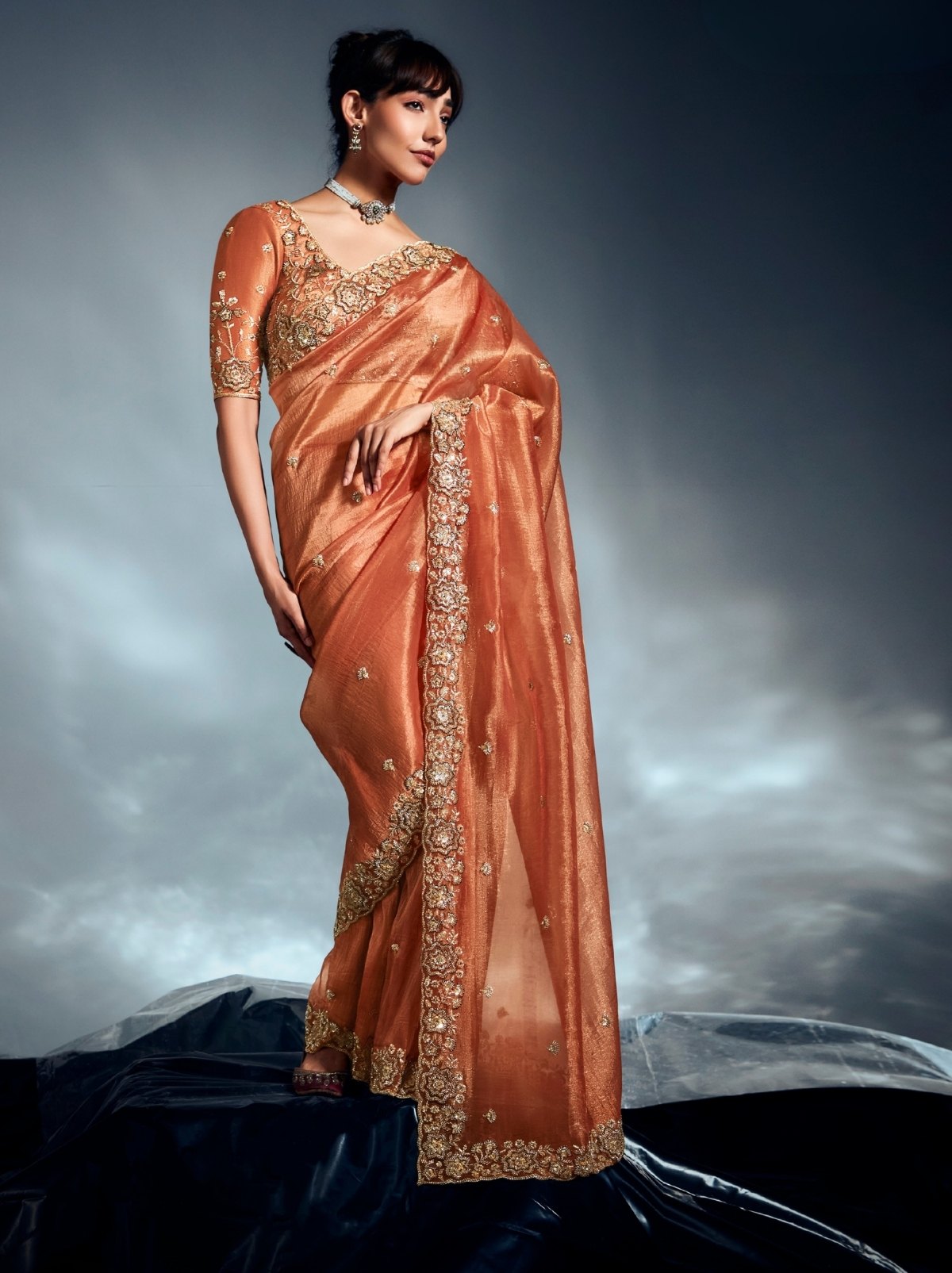 Terracotta Orange Tissue Organza Wedding Saree With Blouse Piece - Trendoye