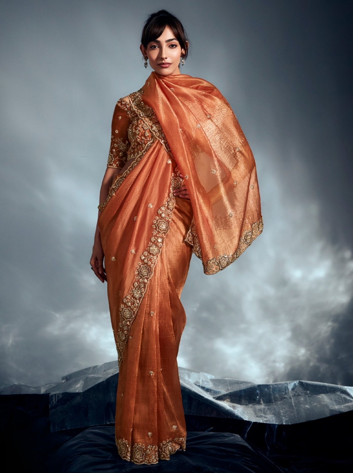 Terracotta Orange Tissue Organza Wedding Saree With Blouse Piece