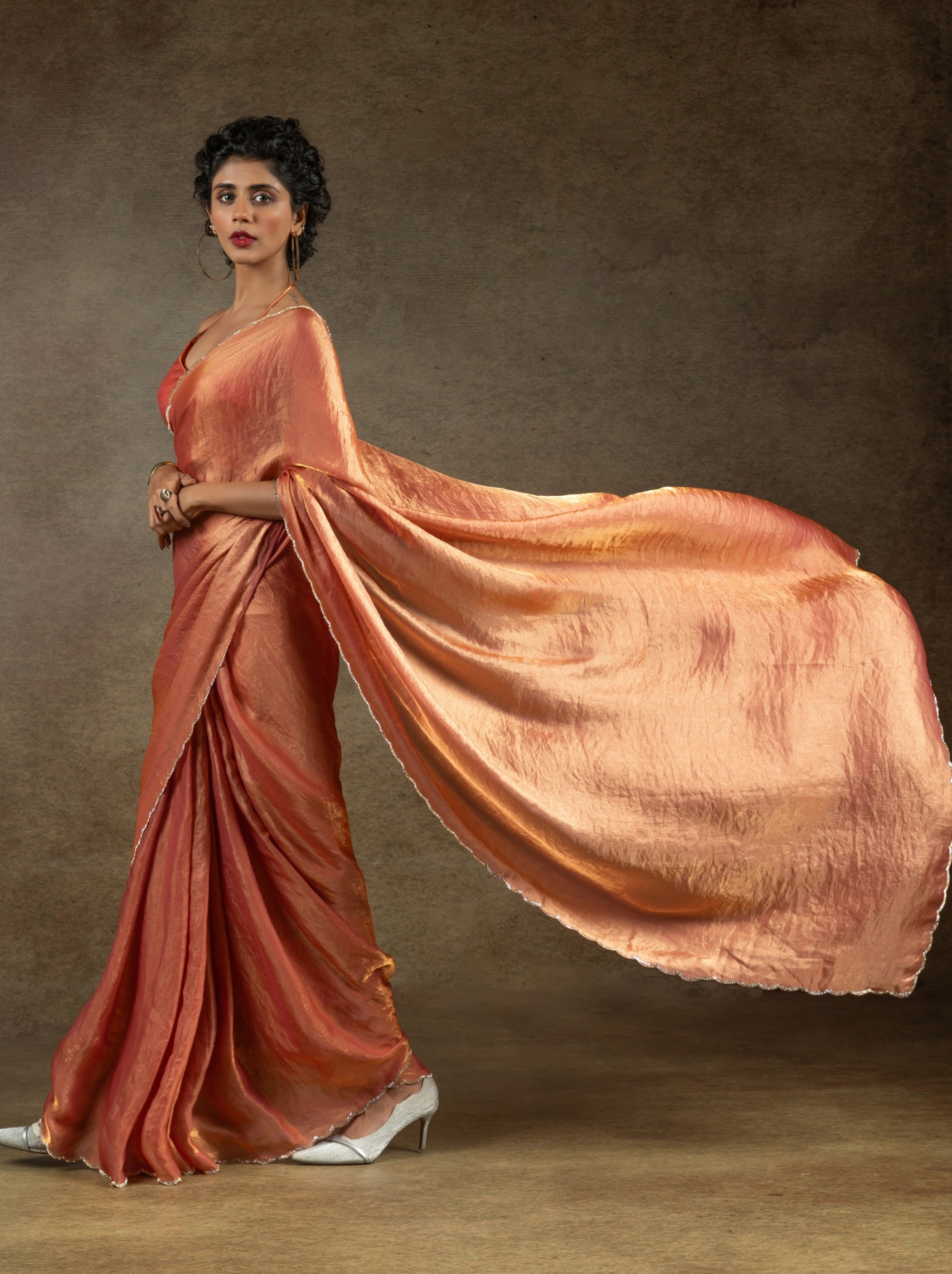 Bronze Orange Designer Ready to Wear Party Saree With Stone Work