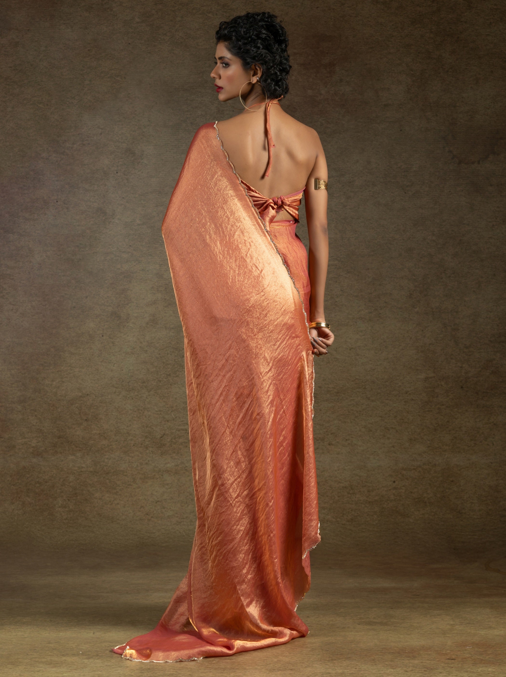 Bronze Orange Designer Ready to Wear Party Saree With Stone Work