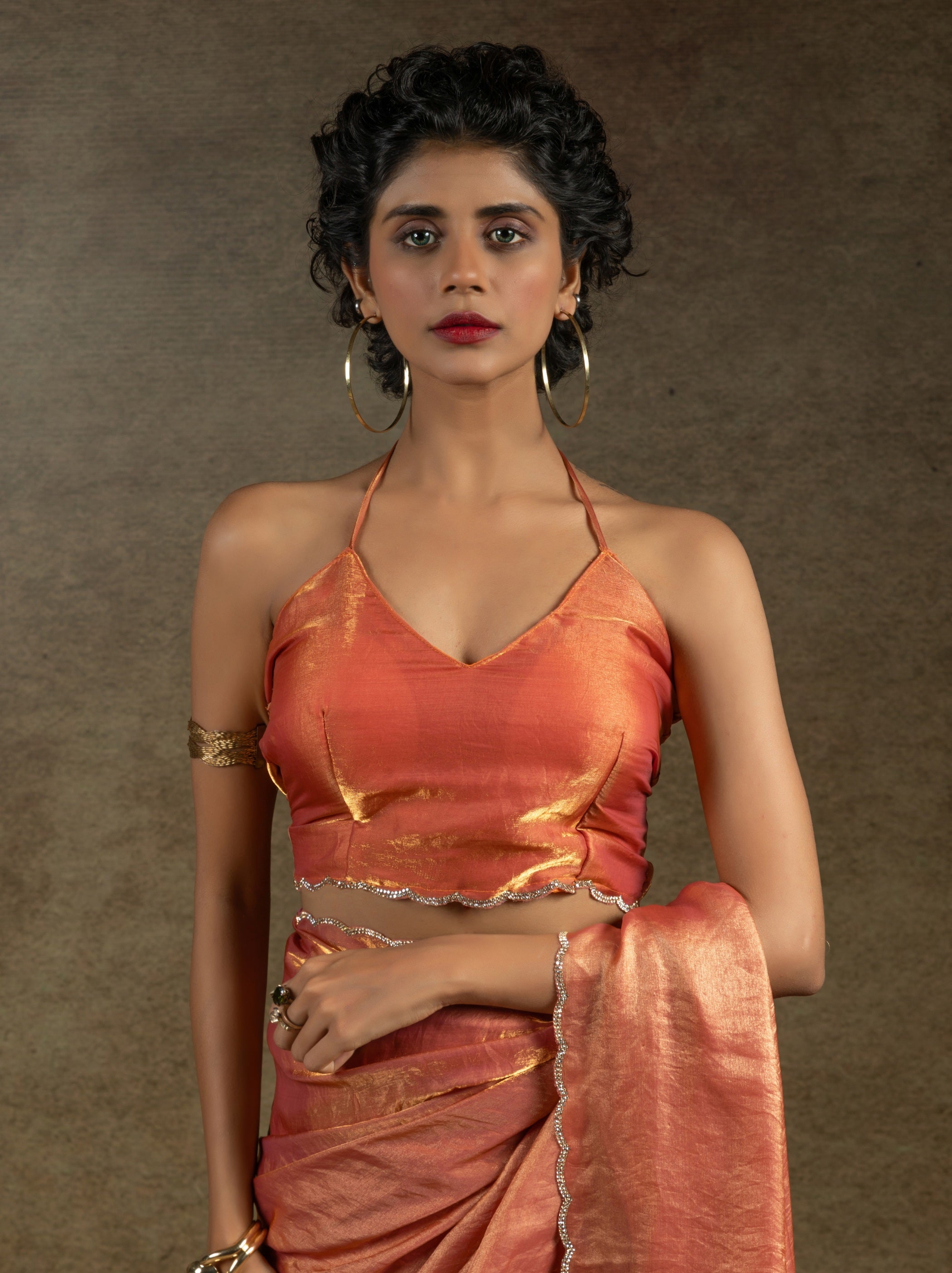 Bronze Orange Designer Ready to Wear Party Saree With Stone Work