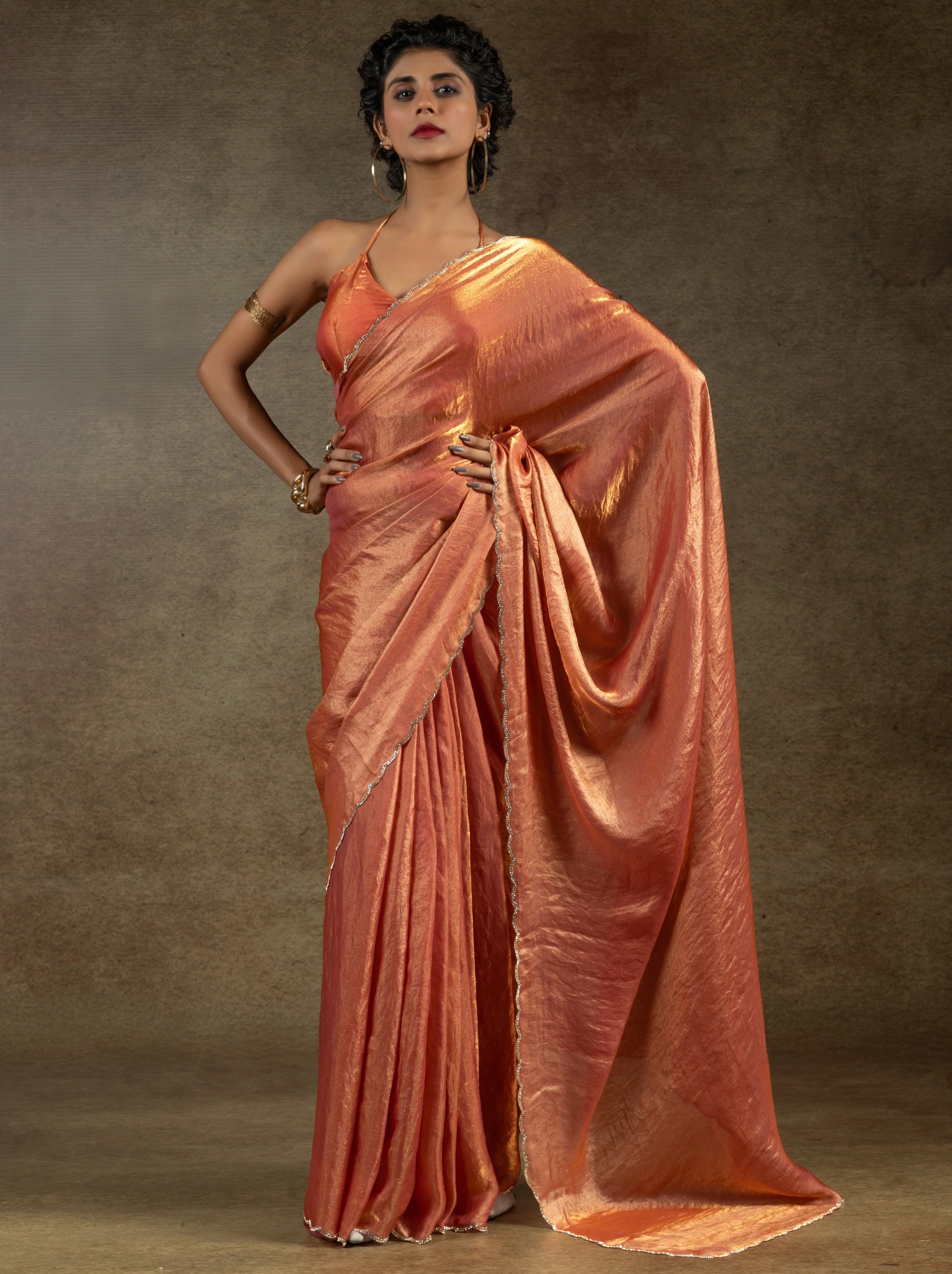 Bronze Orange Designer Ready to Wear Party Saree With Stone Work