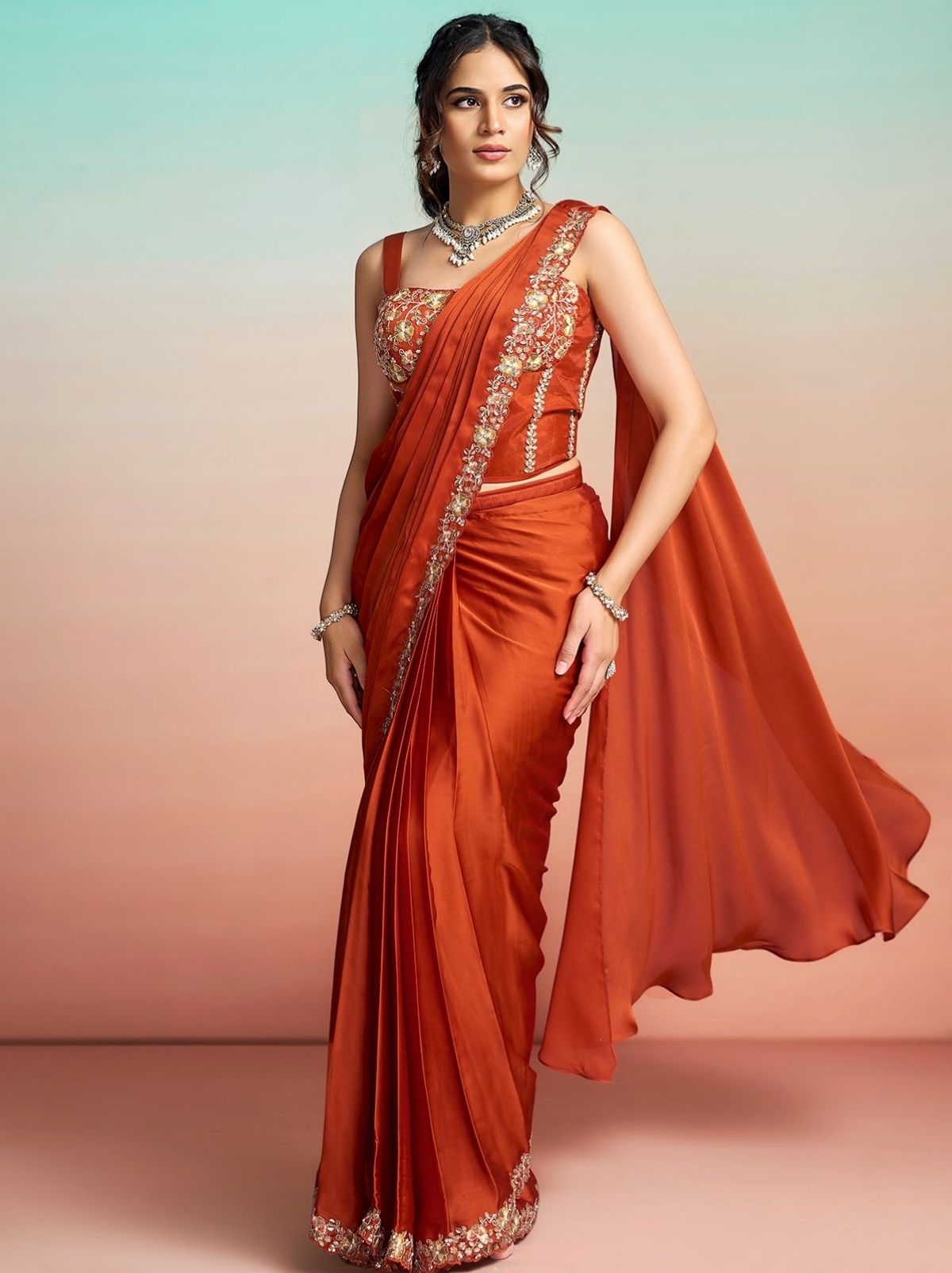 Squash Orange Premium Satin Silk Ready to Wear Saree with Belt