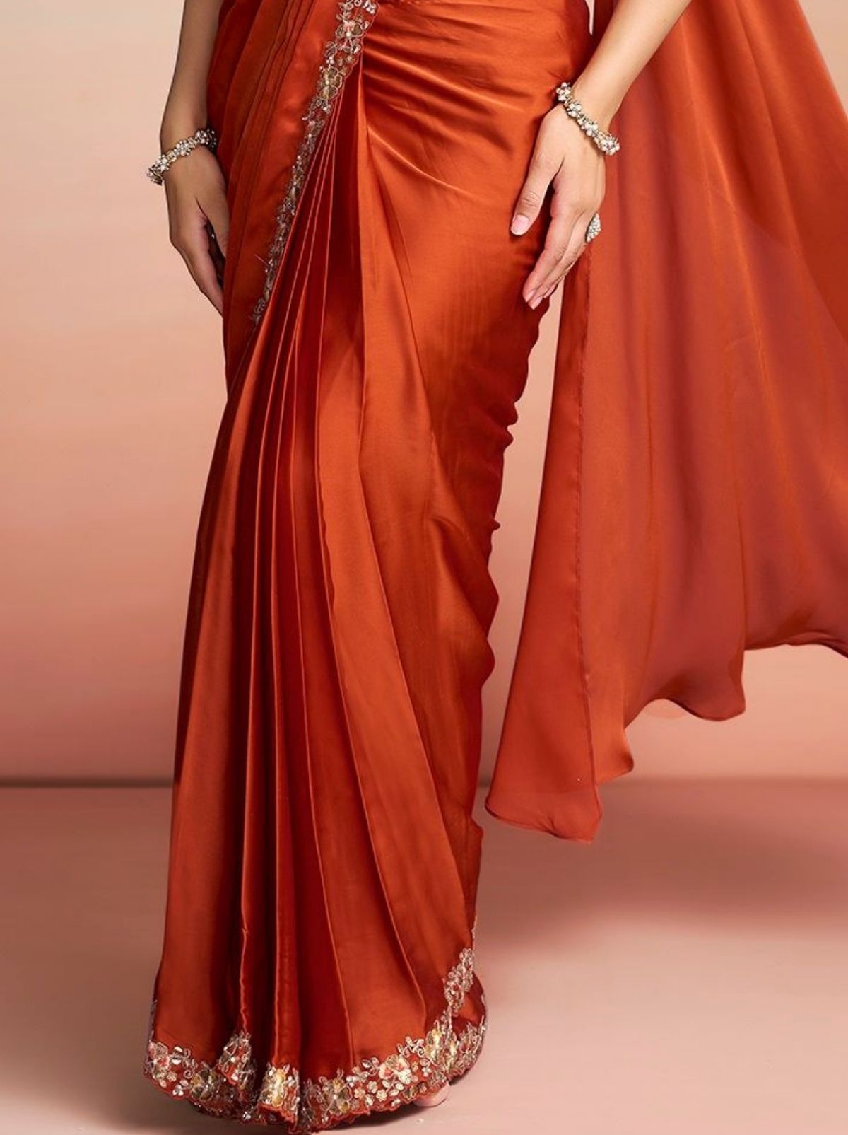 Squash Orange Premium Satin Silk Ready to Wear Saree with Belt