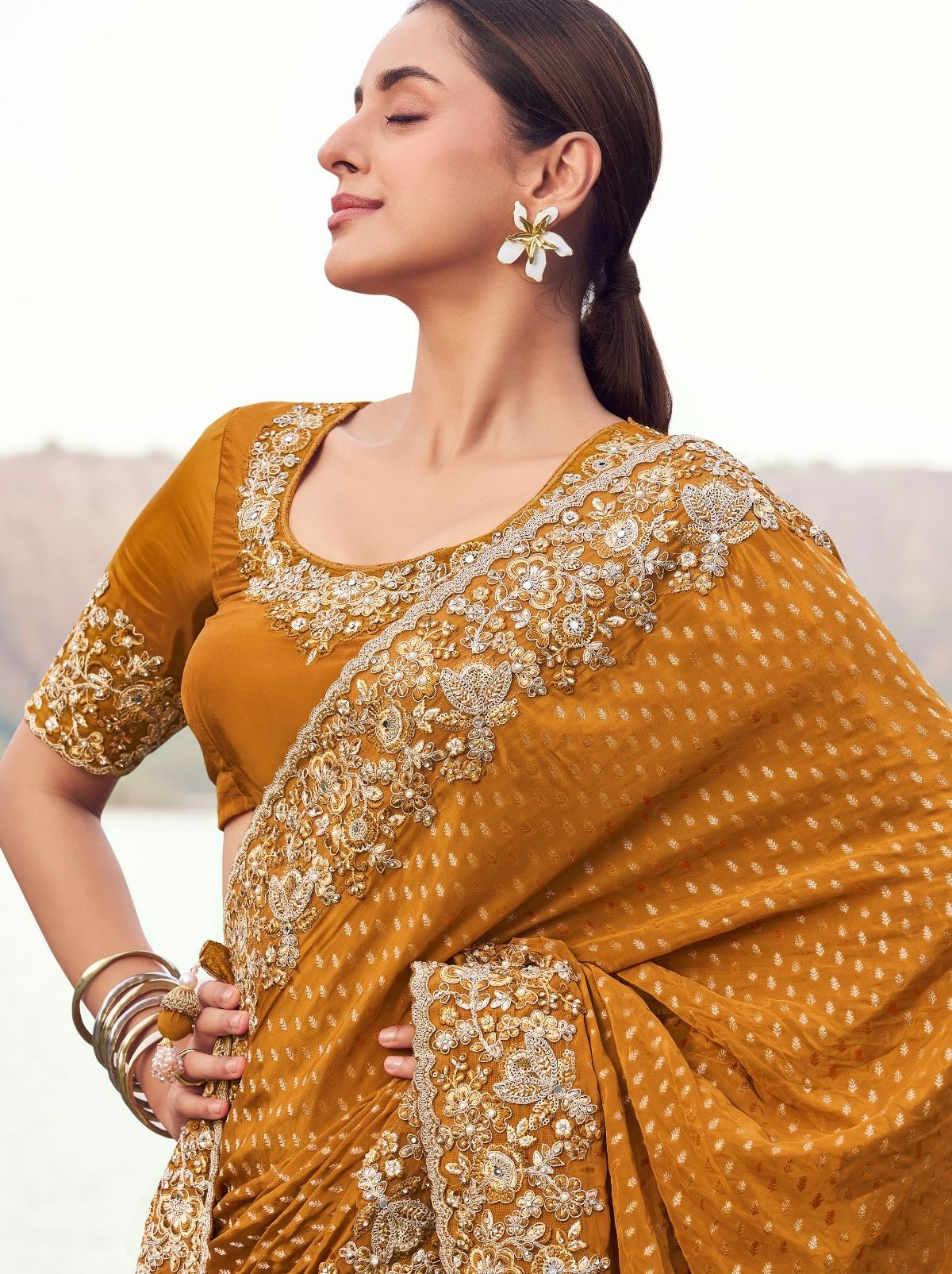 Ochre Orange Premium Satin Silk Saree With Blouse Piece