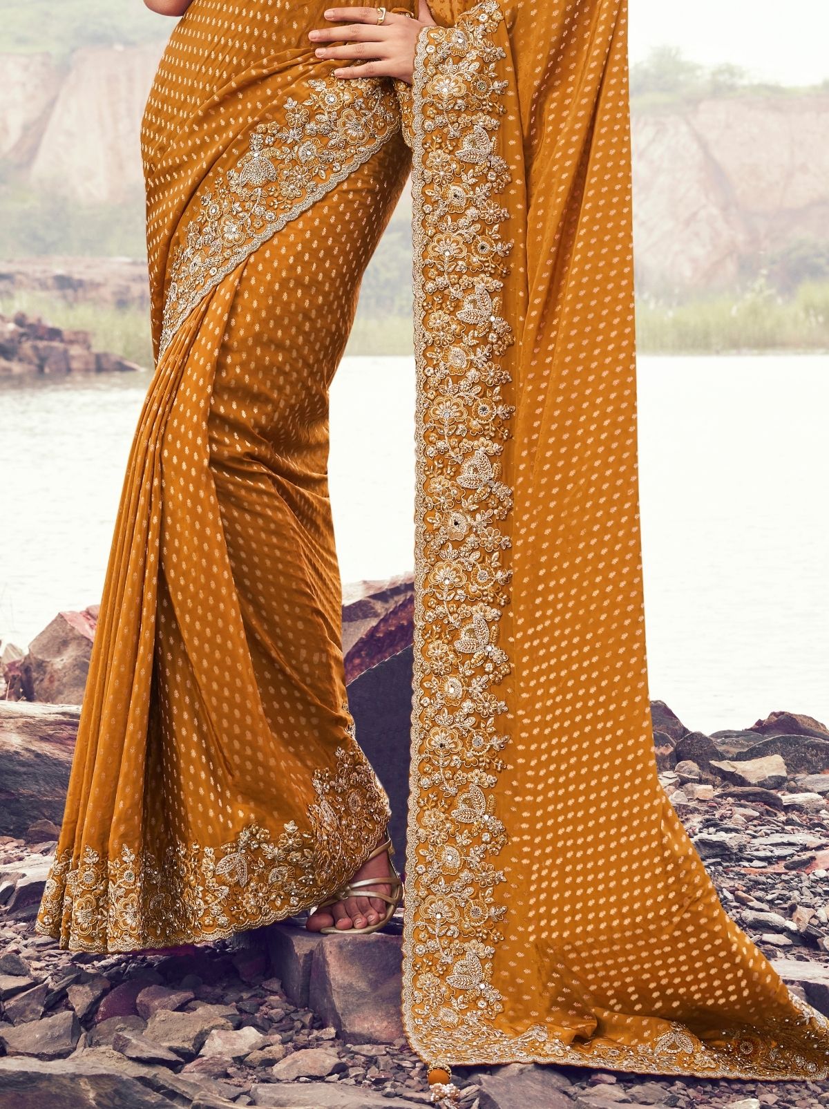 Ochre Orange Premium Satin Silk Saree With Blouse Piece