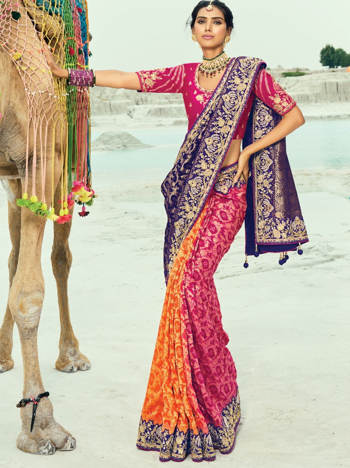 Orange-Purple Premium Georgette Wedding Saree With Bandhej Work