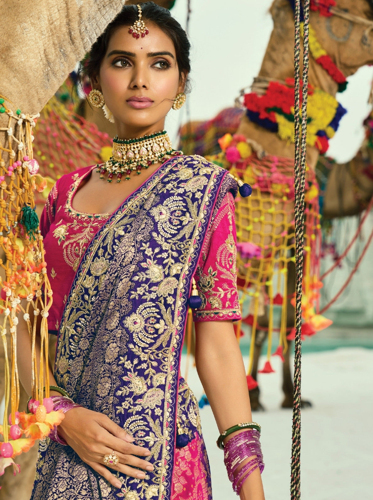 Orange-Purple Premium Georgette Wedding Saree With Bandhej Work