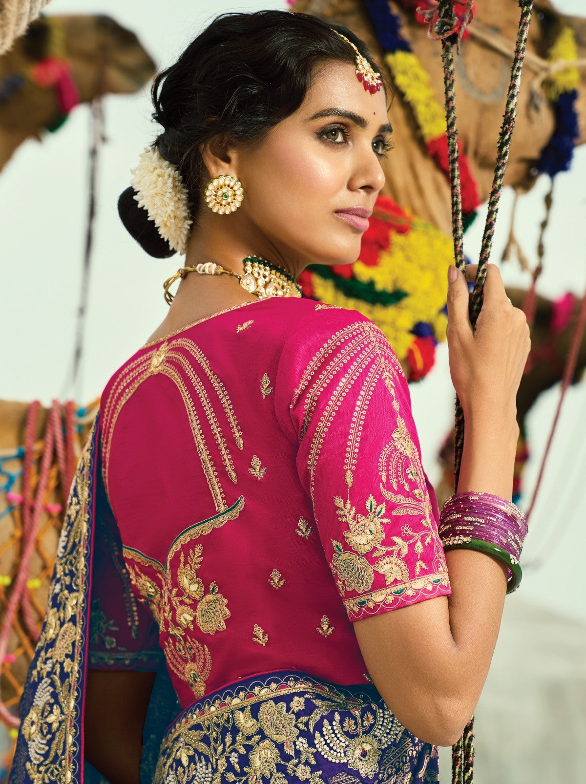 Orange-Purple Premium Georgette Wedding Saree With Bandhej Work