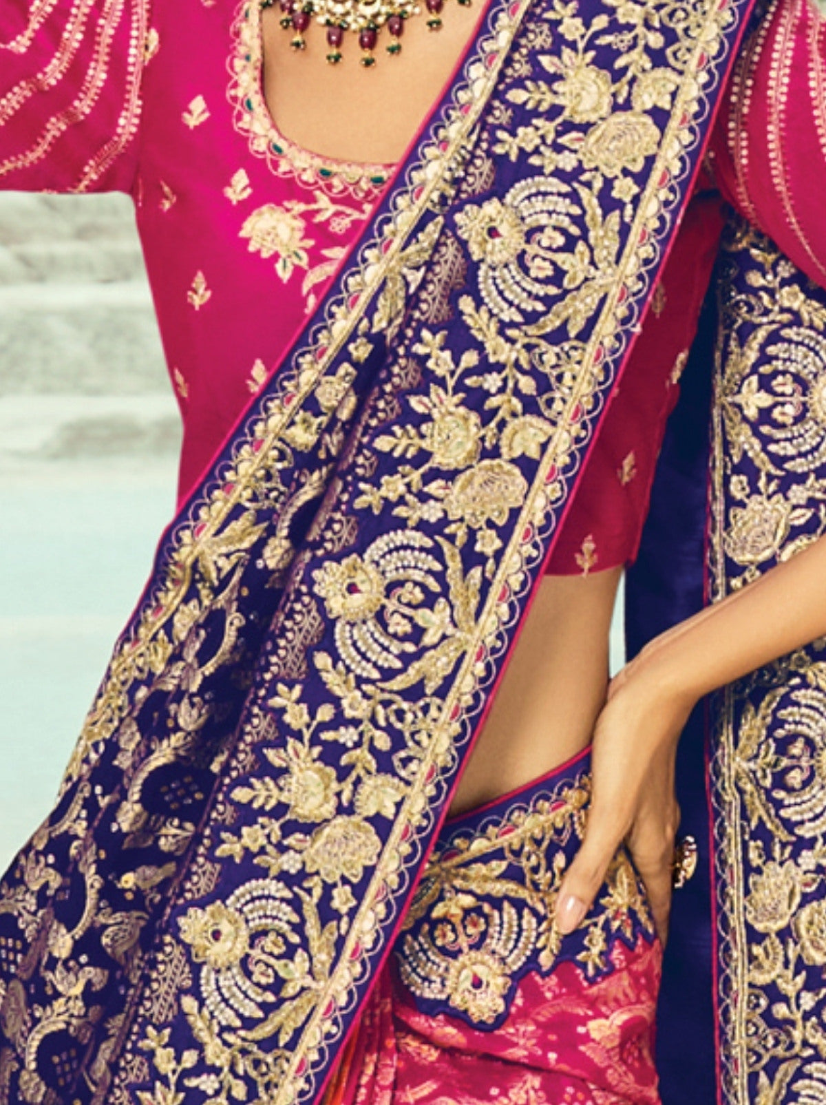 Orange-Purple Premium Georgette Wedding Saree With Bandhej Work