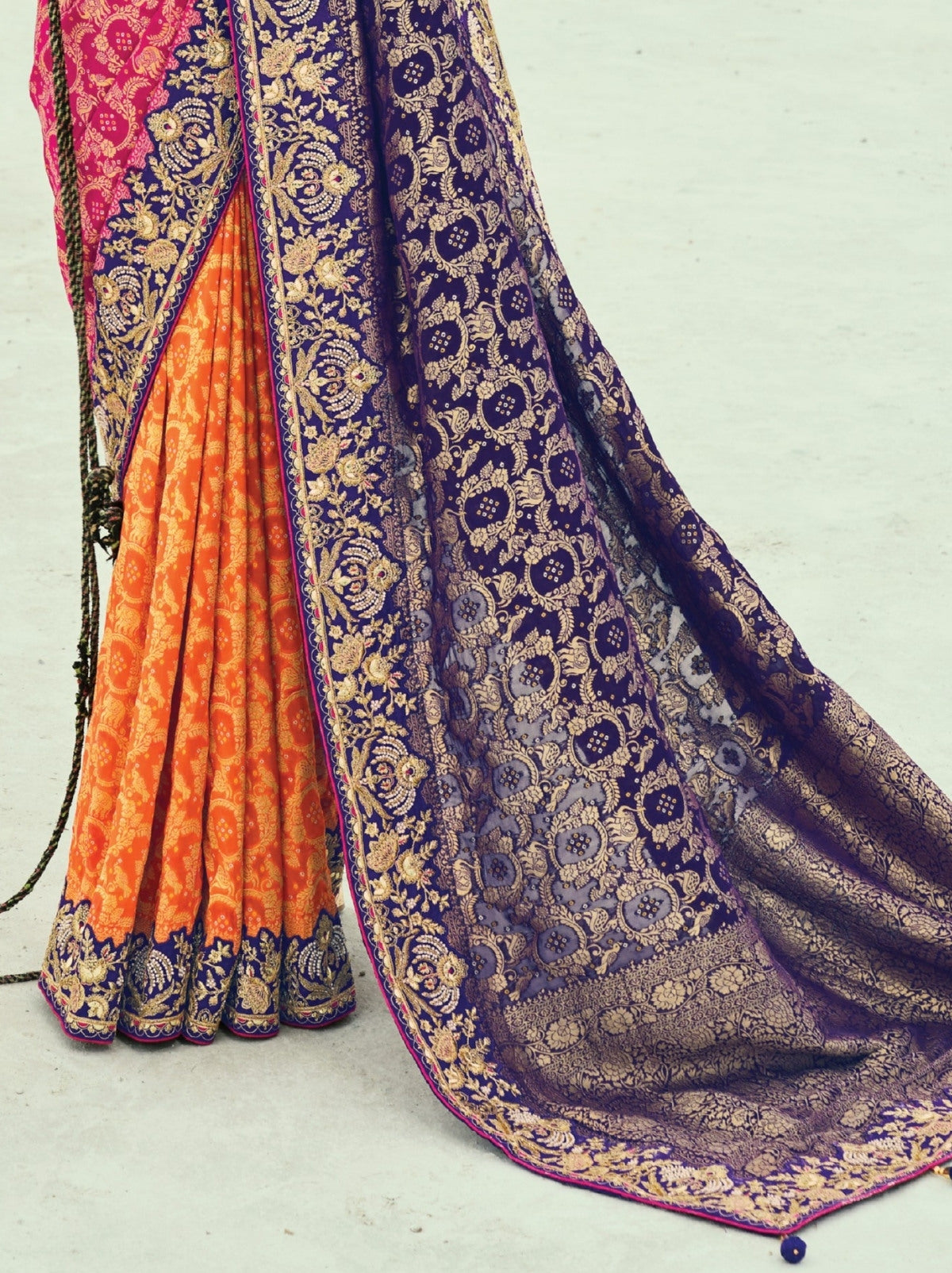 Orange-Purple Premium Georgette Wedding Saree With Bandhej Work