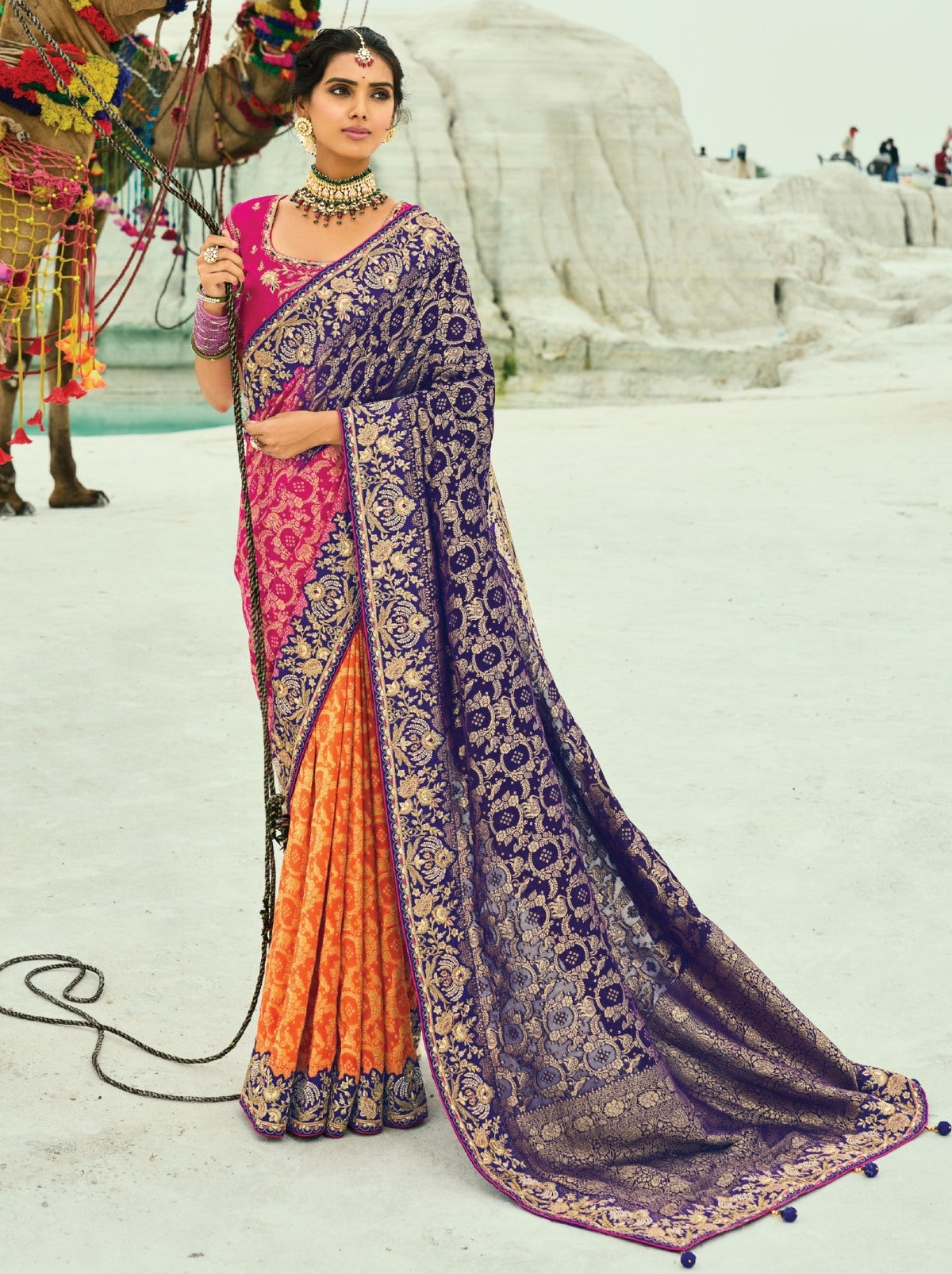 Orange-Purple Premium Georgette Wedding Saree With Bandhej Work