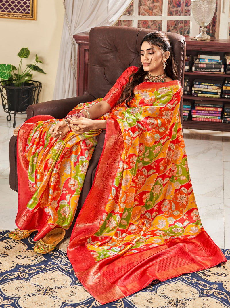 Gold Designer Satin Silk Saree - TrendOye