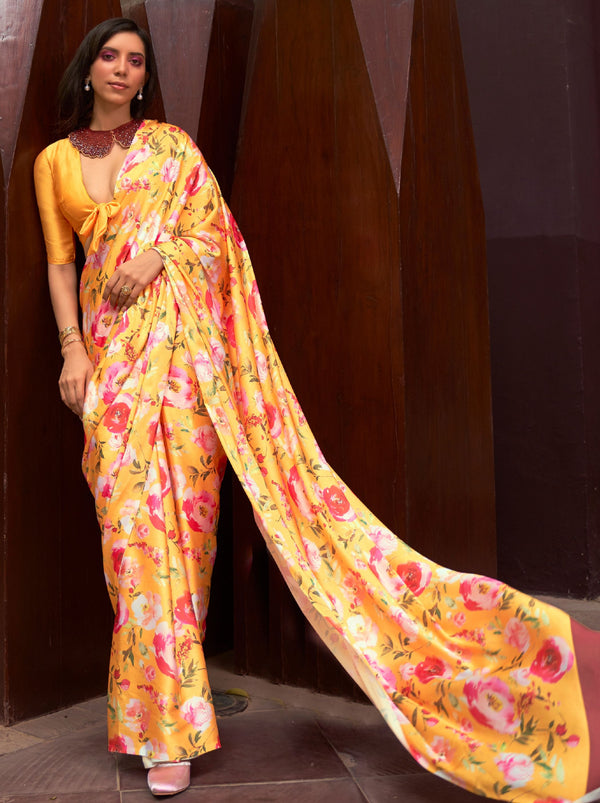 Fire Orange Satin Silk Designer Saree - TrendOye