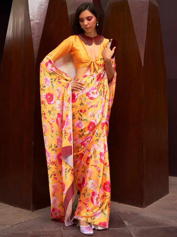 Fire Orange Satin Silk Designer Saree - TrendOye