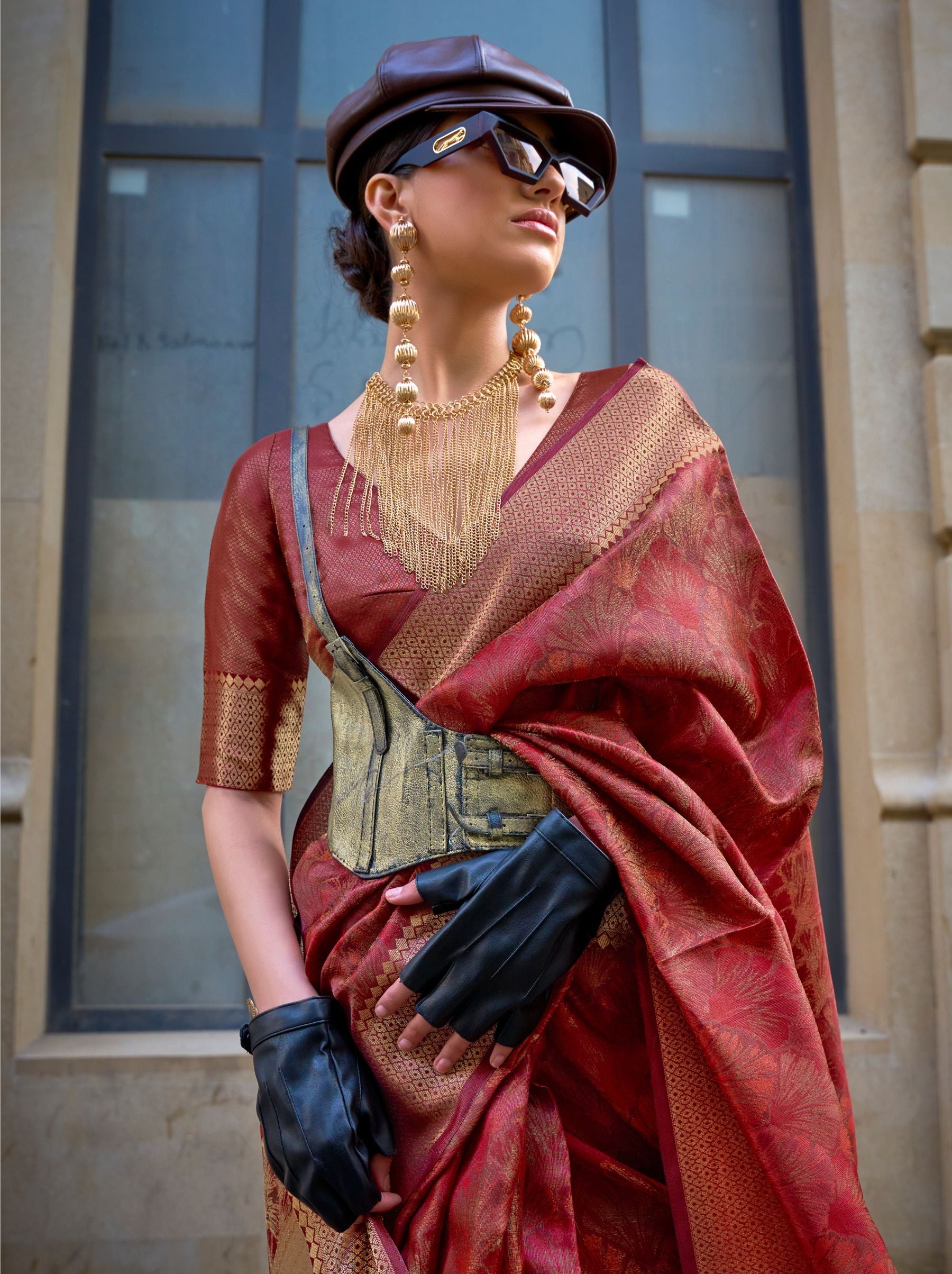 Fire Brick Red Designer Silk Saree - TrendOye