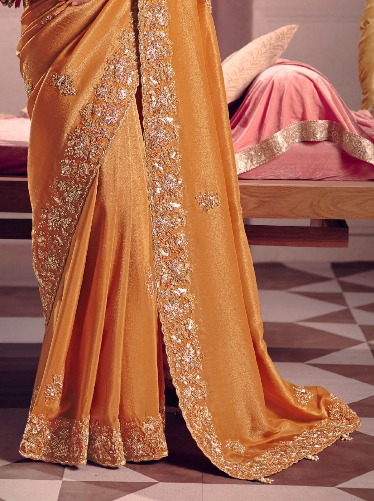 Sandstone Orange Tissue Silk Saree with Luxurious Zari & Embroidered Border
