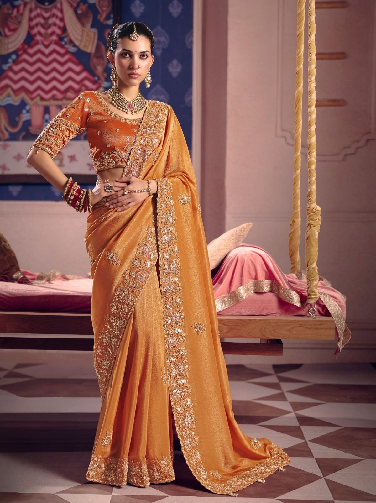 Sandstone Orange Tissue Silk Saree with Luxurious Zari & Embroidered Border