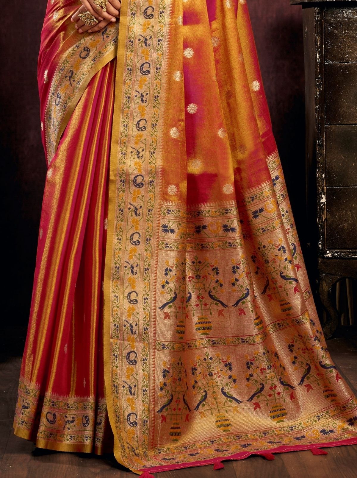 Pumpkin Orange Tissue Silk Saree with Soft Zari & Tassels
