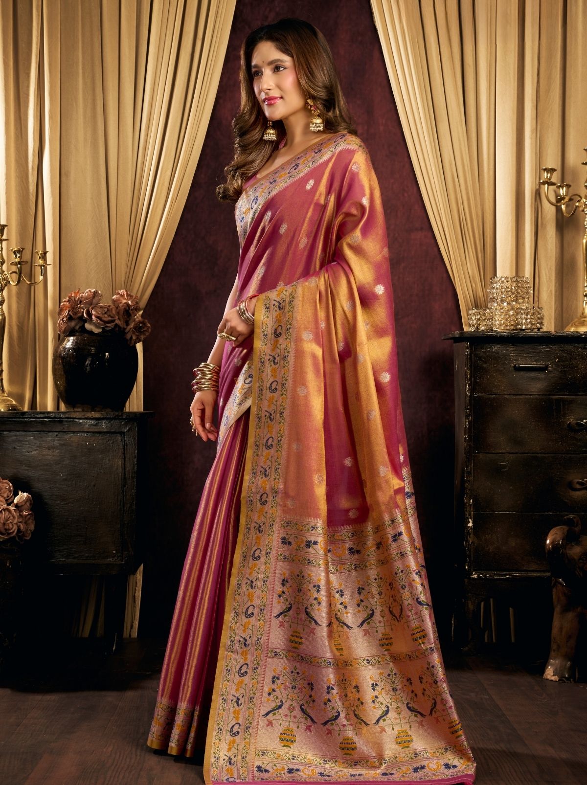 Metallic Orange Tissue Silk Saree with Soft Zari & Tassels