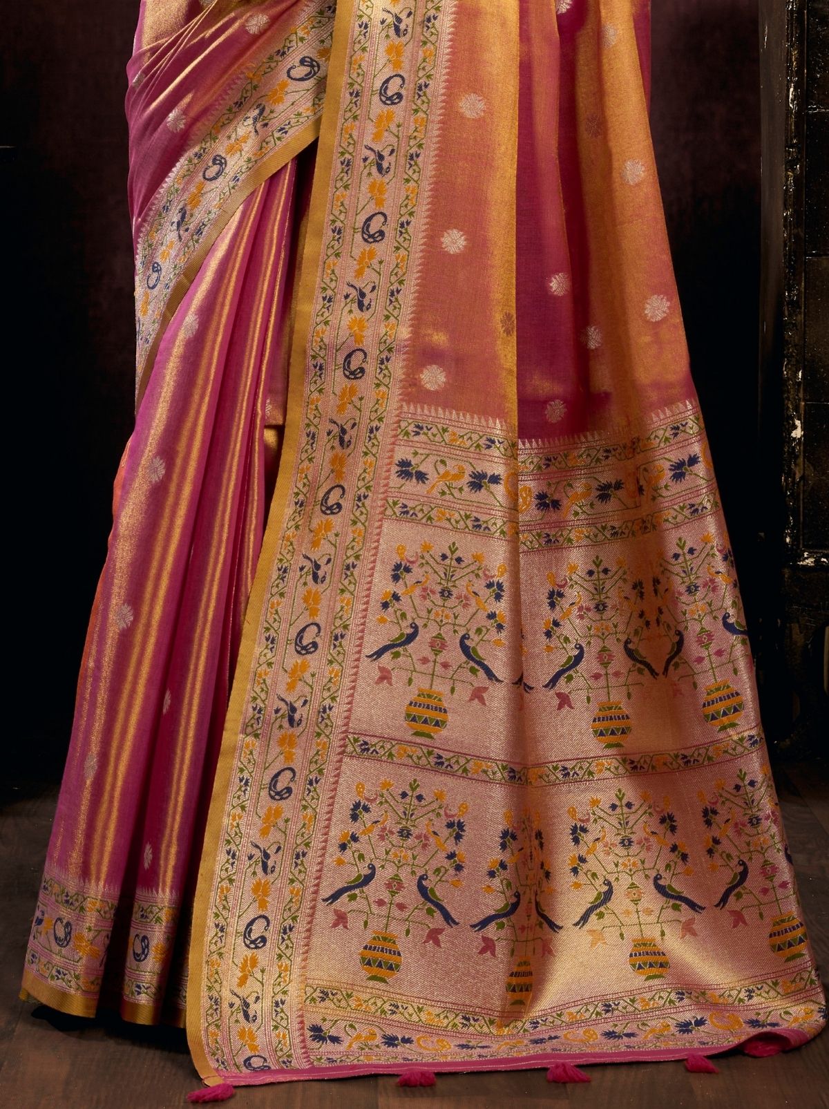 Metallic Orange Tissue Silk Saree with Soft Zari & Tassels