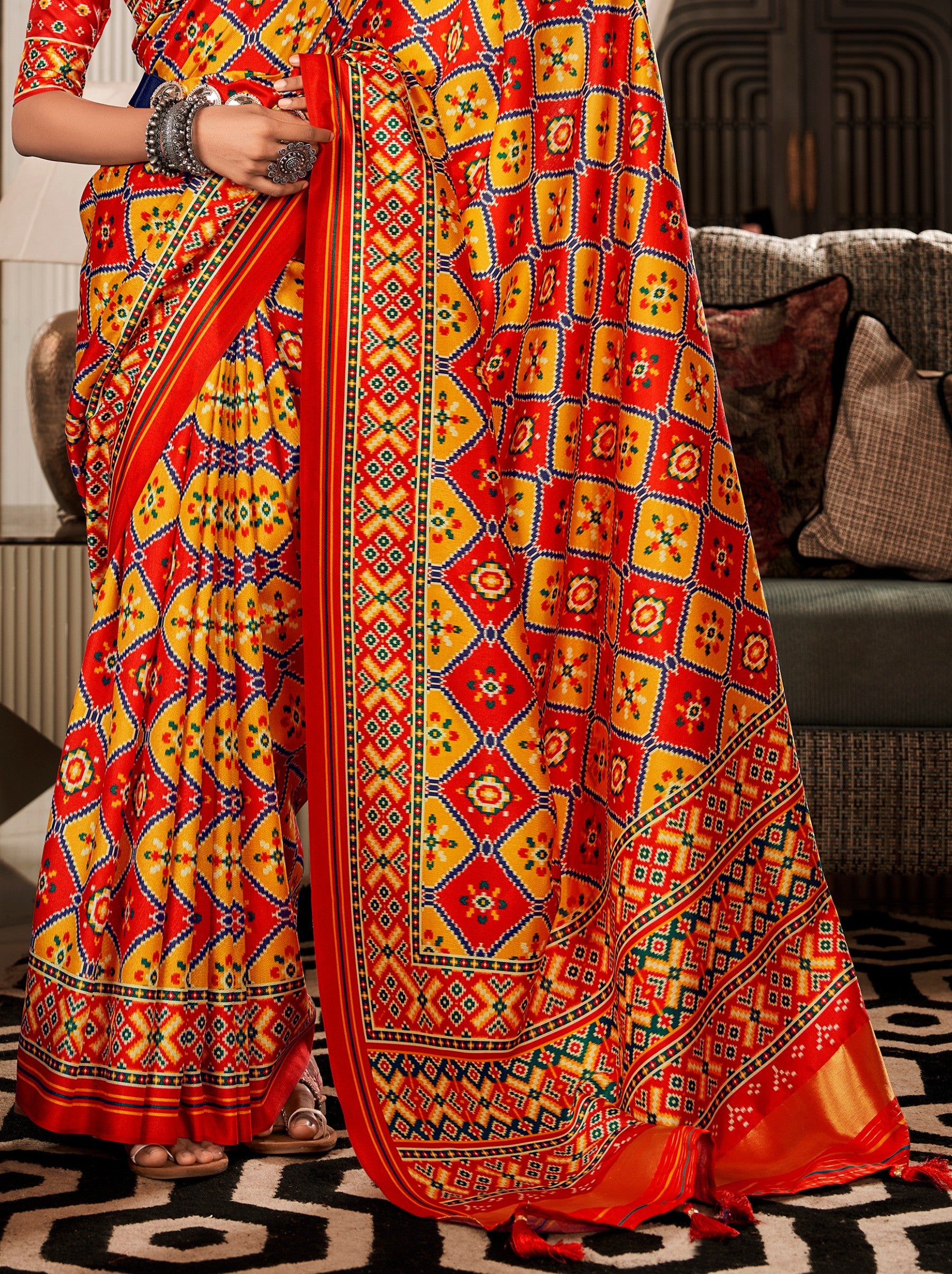 Bright Orange Patola Festive Saree - TrendOye