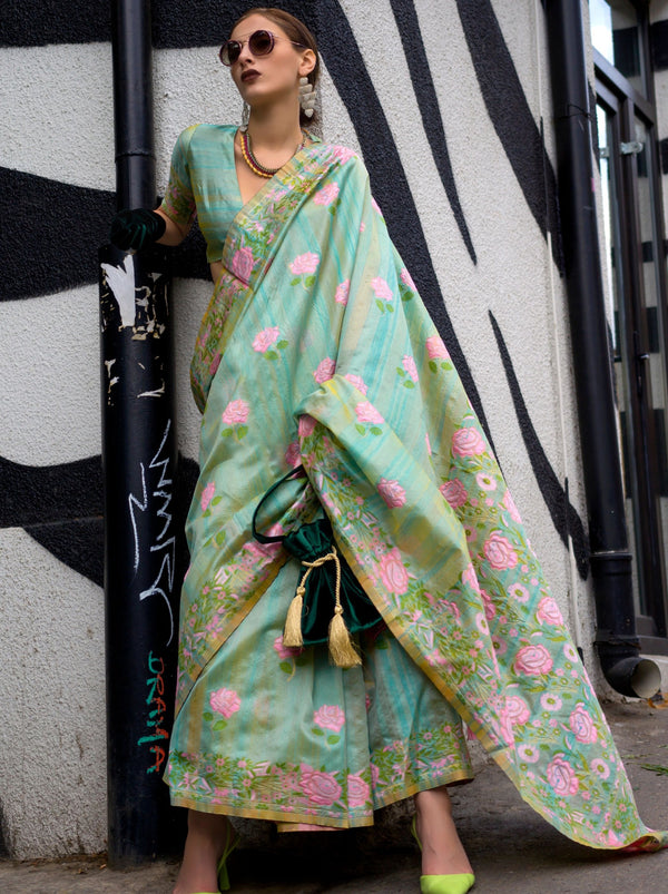 Emerald Green Designer Silk Blended Saree - TrendOye