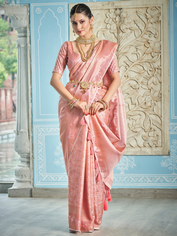 Candlelight Peach Banarasi Silk Wedding Saree With Blouse Piece TrendOye