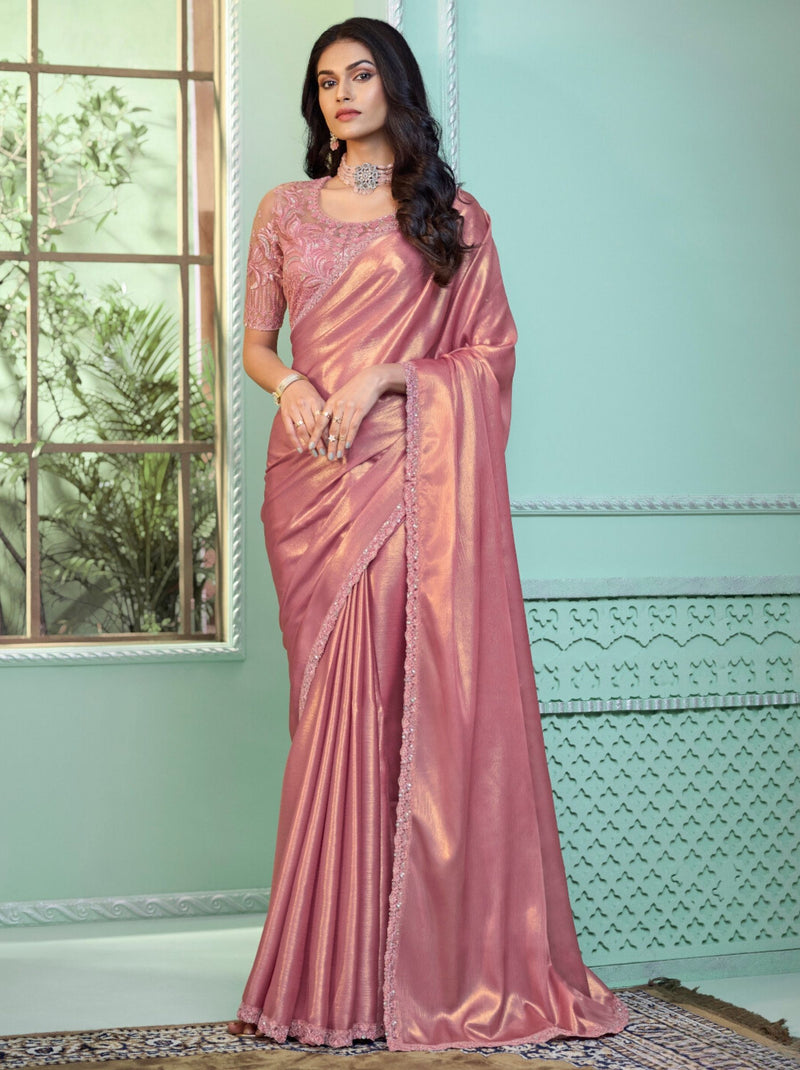 Candlelight Peach Premium Fancy Fabric Designer Wedding Party Saree - TrendOye