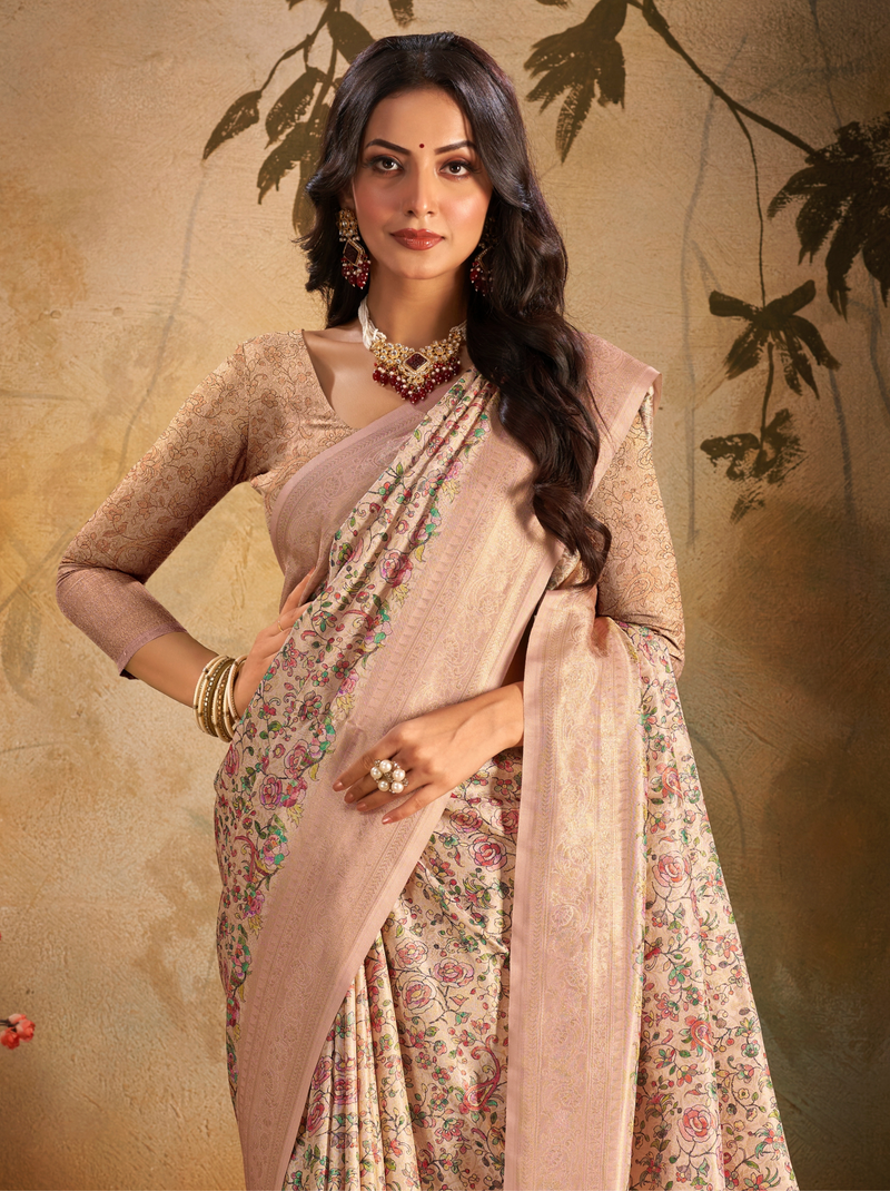 Light Peach Fine Digital Silk Party Saree With Blouse Piece