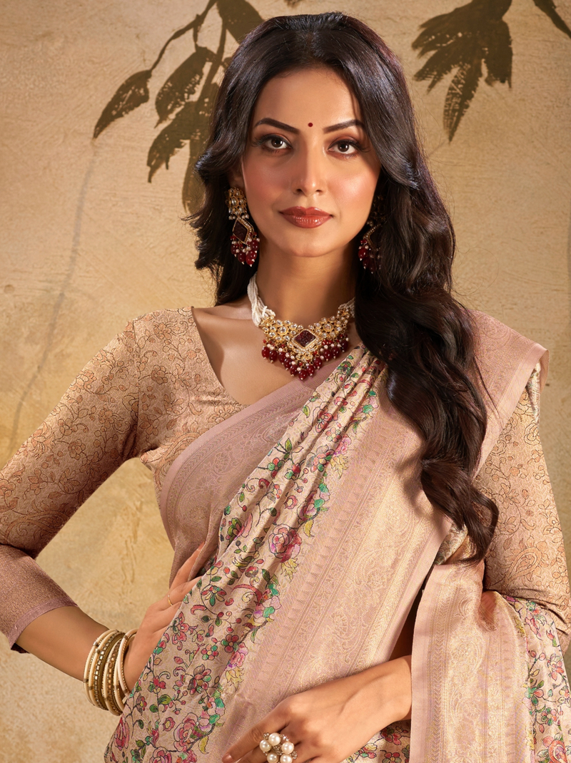 Light Peach Fine Digital Silk Party Saree With Blouse Piece