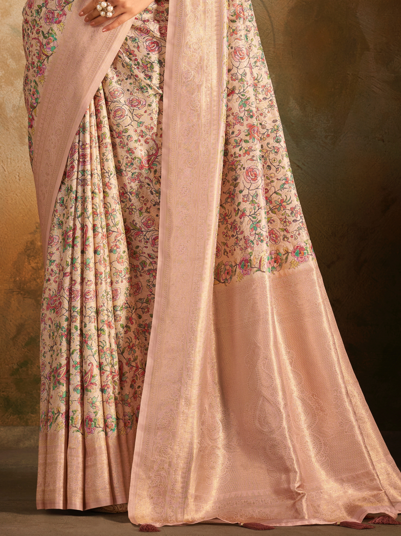 Light Peach Fine Digital Silk Party Saree With Blouse Piece