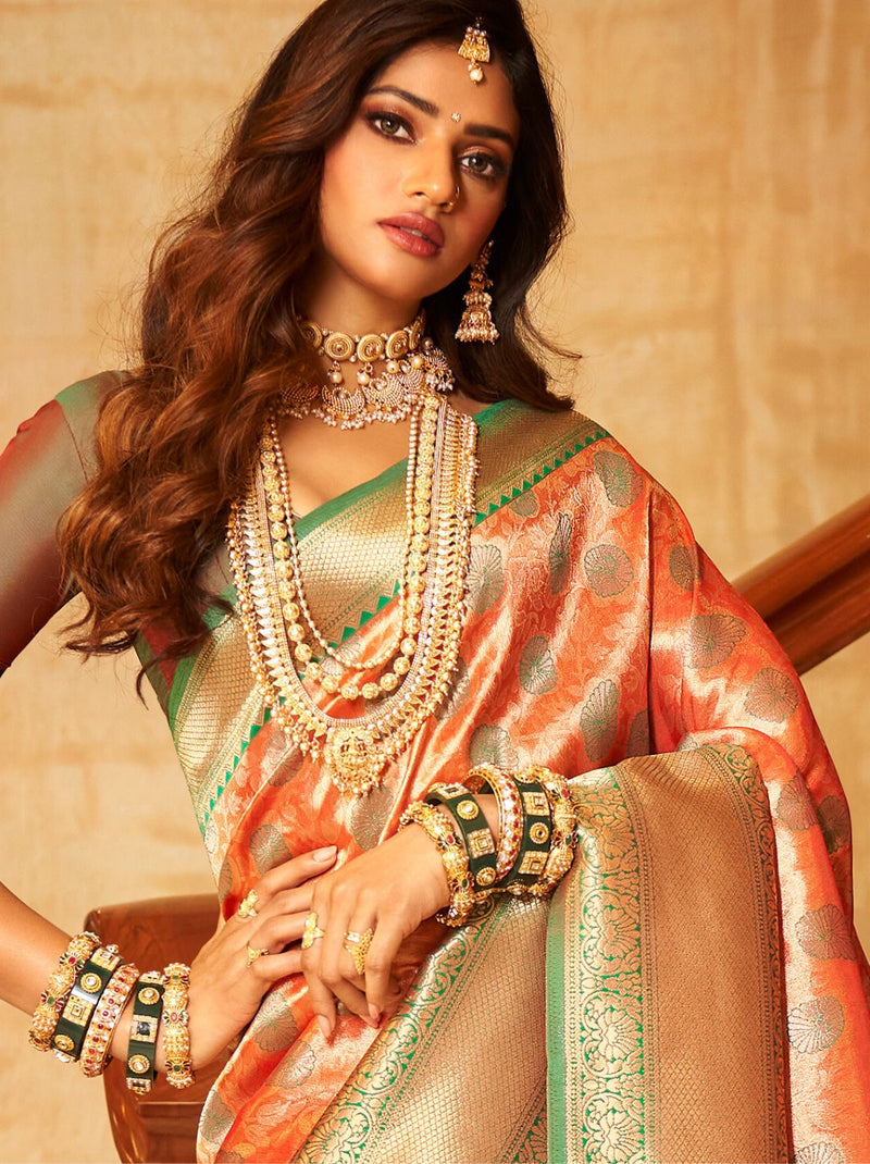 Peach Orange Premium Banarasi Designer Saree