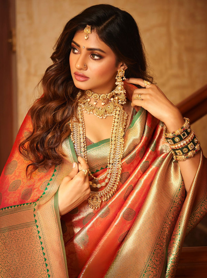 Peach Orange Premium Banarasi Designer Saree