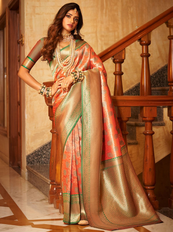 Peach Orange Premium Banarasi Designer Saree - TrendOye