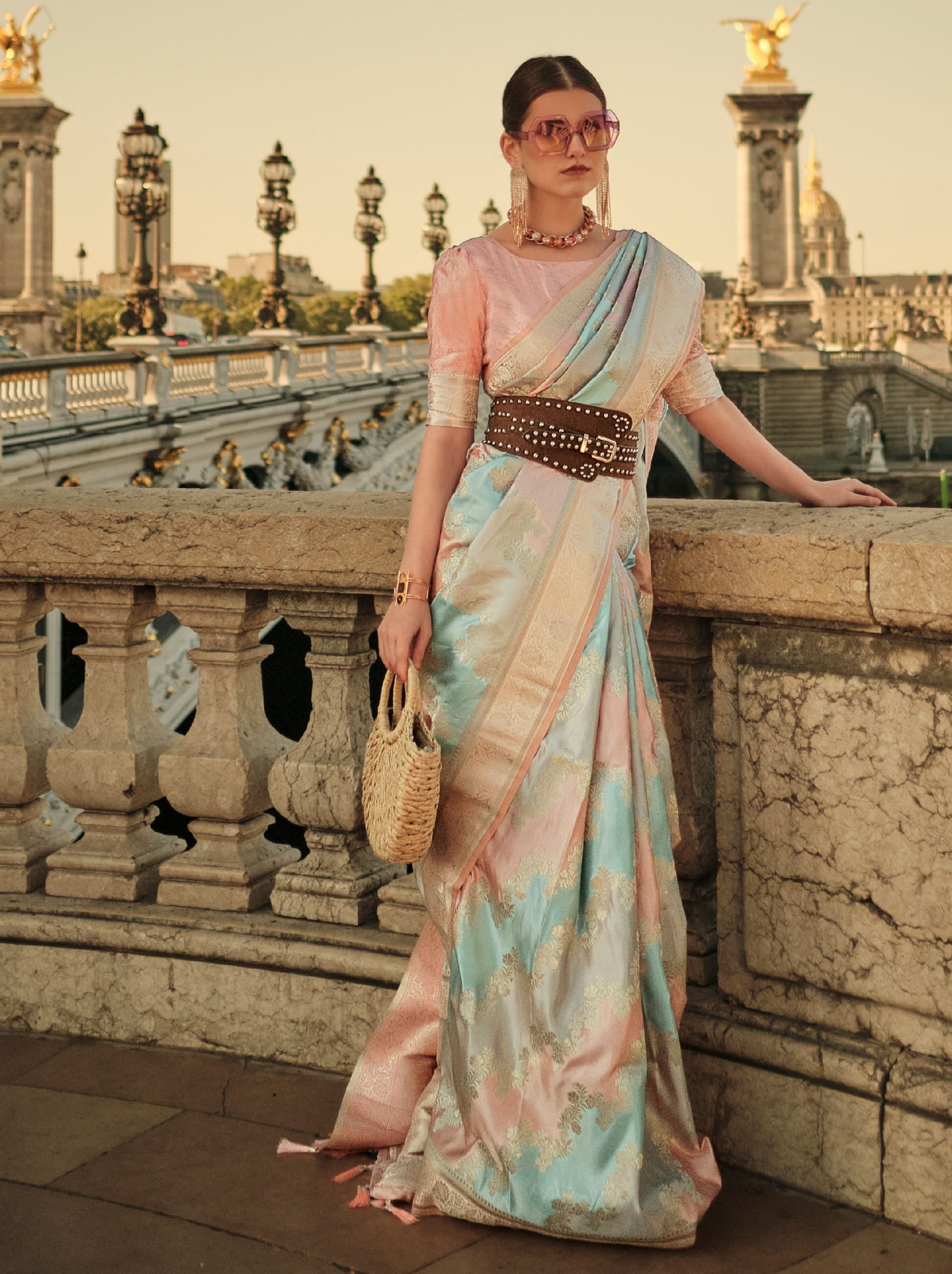 Pink-Blue Designer Satin Silk Blended Saree - TrendOye