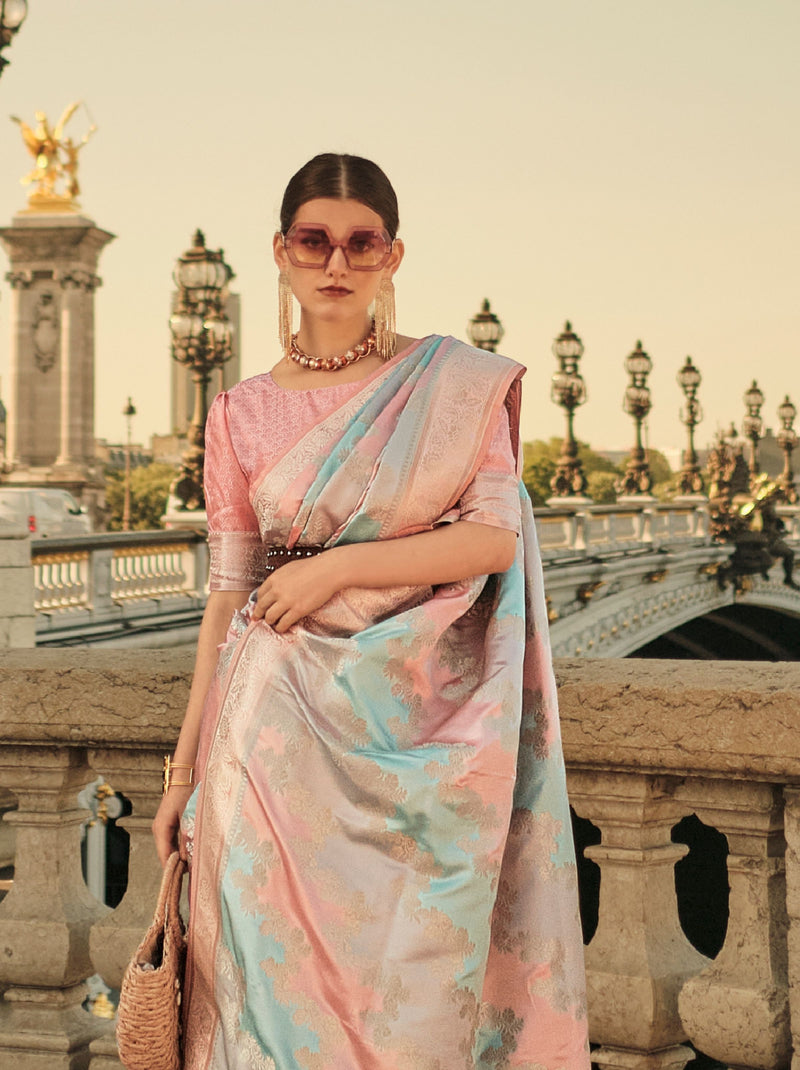 Pink-Blue Designer Satin Silk Blended Saree - TrendOye